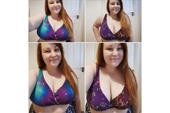 Rachael wearing two of her Hiccups and Juice bras